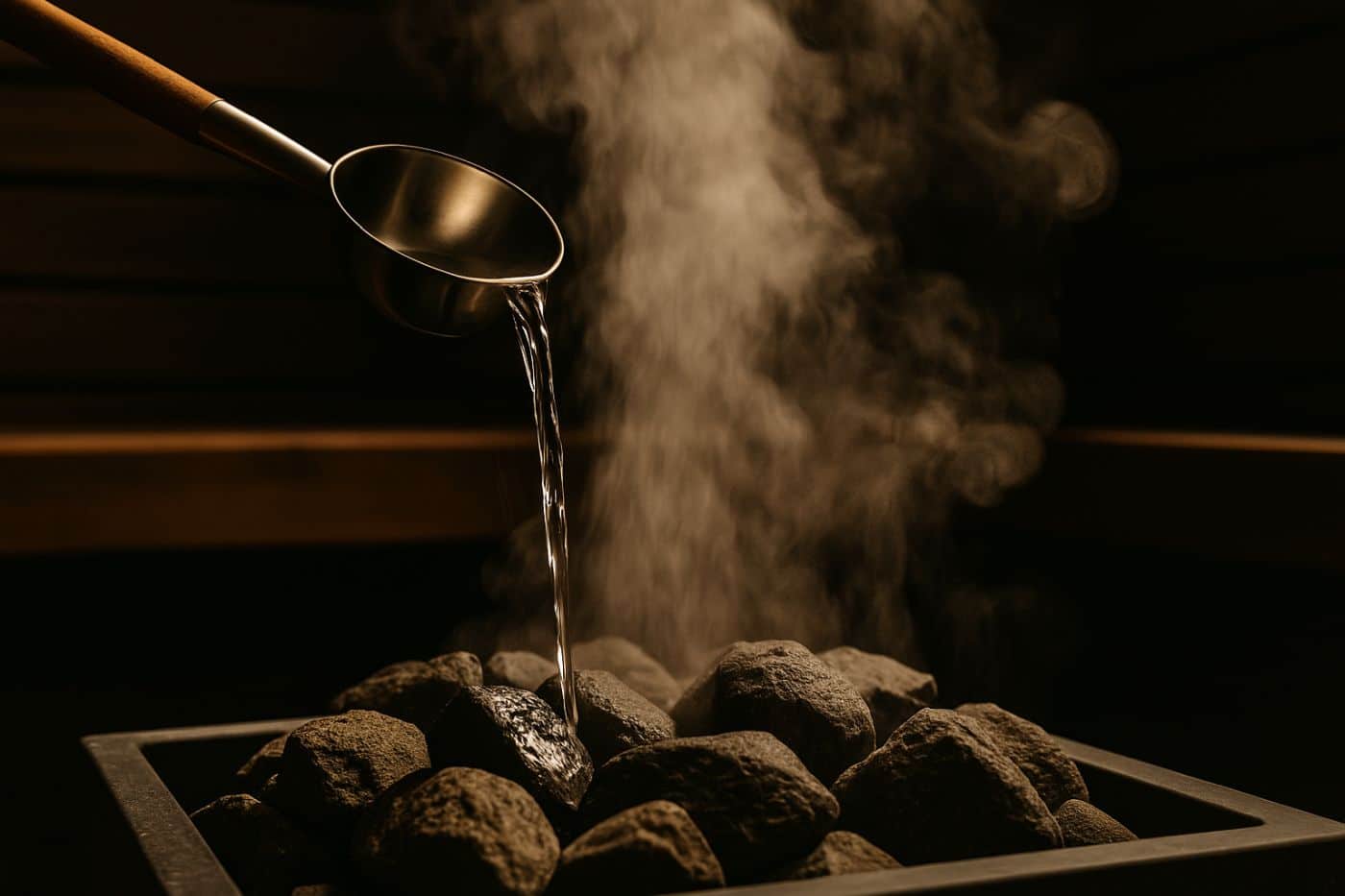 Ladle pouring water on sauna stove with steam raising creating löyly with this authentic Finnish experience now available in Geneva in Anières.