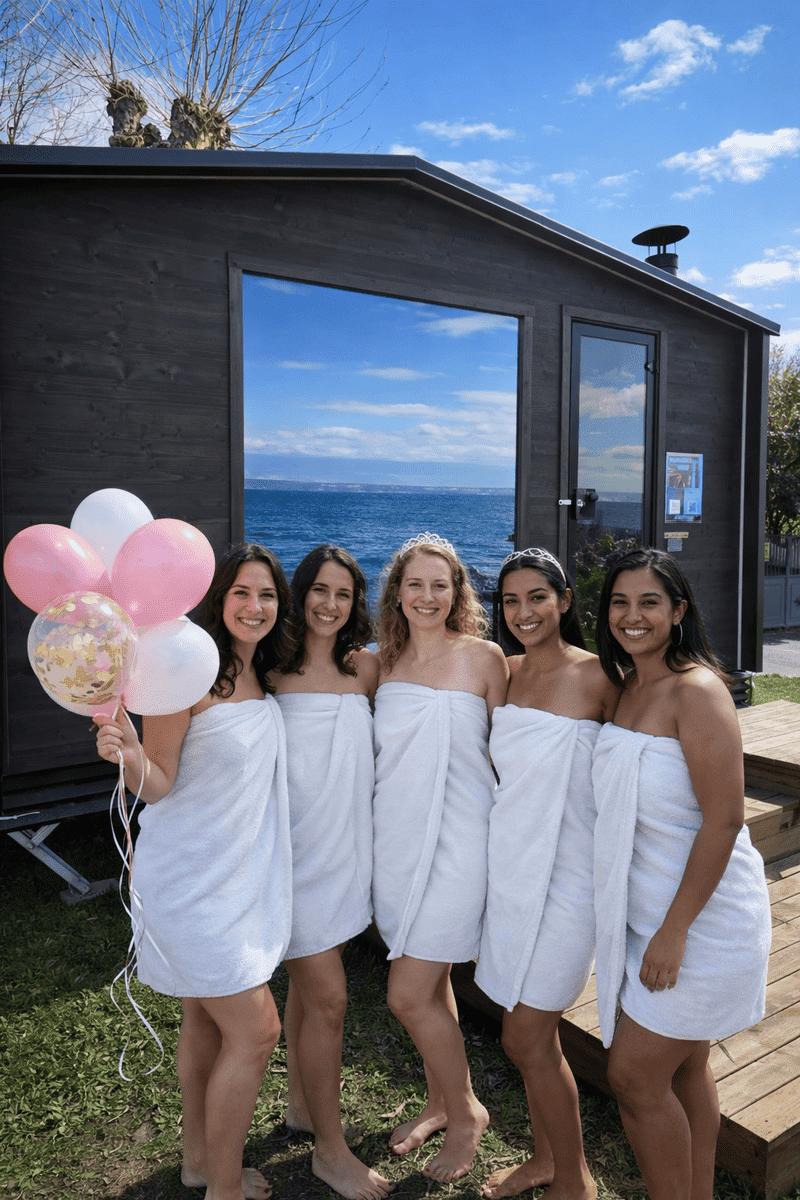 International bachelorette group wrapped in towels celebrating in front of a lakeside Finnish sauna in Anières near Geneva on Lake Geneva (Lac Léman)